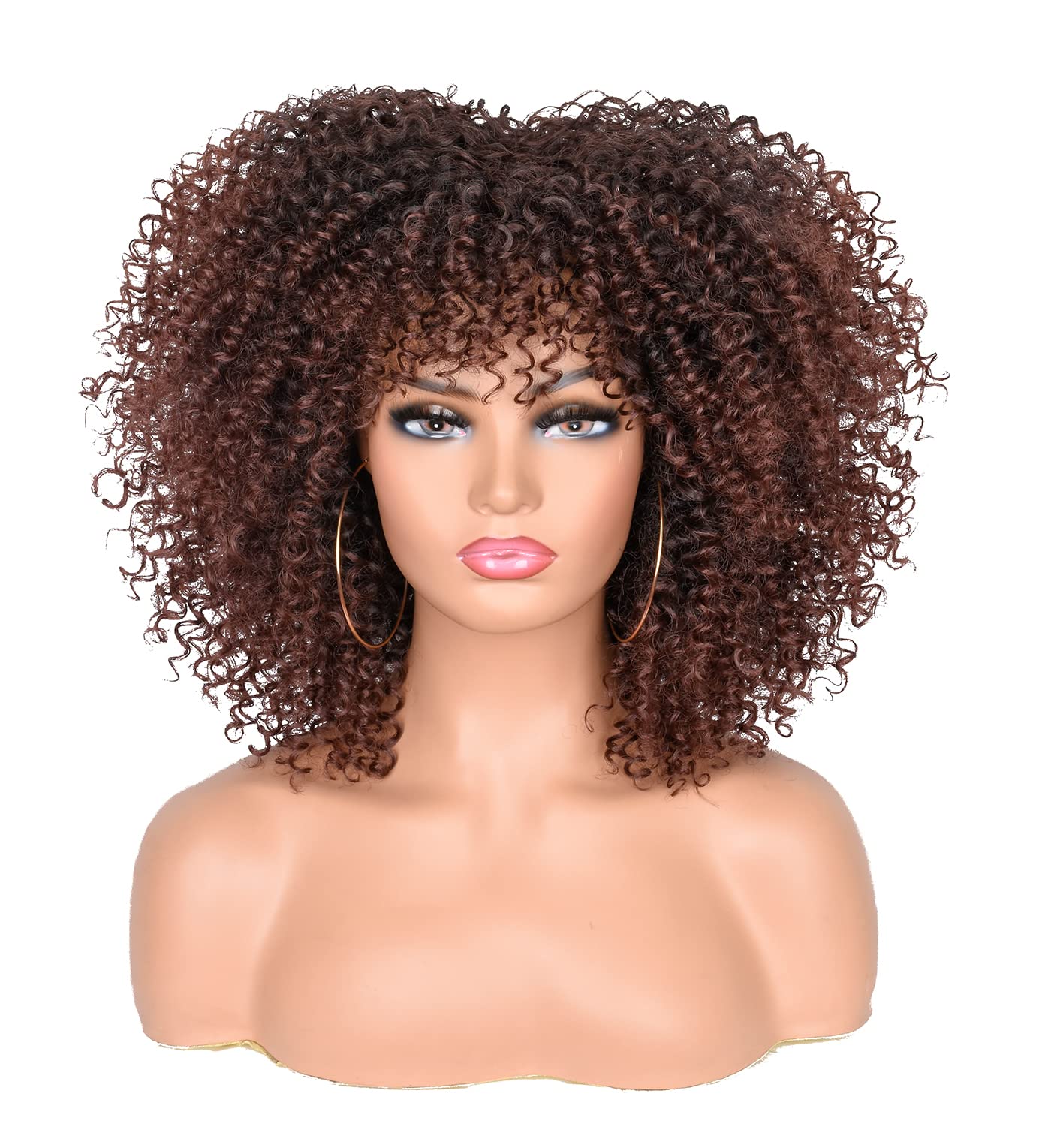 CoCrowns 10Inch Short Curly Afro Wigs with Bangs Bomb Afro Kinky Curly Wig for Black Women Synthetic Fiber Full Wig (Dark Brown) โ image 1