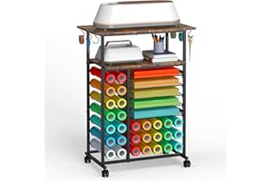 SHINOSKE Rolling Craft Storage Cart with 29 Vinyl Roll Holders & 6 Hooks,Compatible with Craft Cutting Machines,Multi-Tier Sm