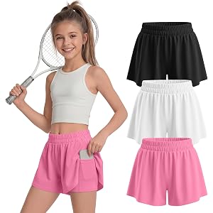 Yooo's Vivi 3 Pack Girls' Athletic Soccer Shorts | 2 in 1, Butterfly, Flowy, Shorts, with Pockets, Workout, Sport, Gym, Runni