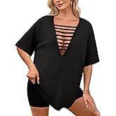 Remidoo Womens Oversized Tshirt Ripped Tie Dye Shirt Sexy Cut Out Top Short Sleeve V Neck Tee