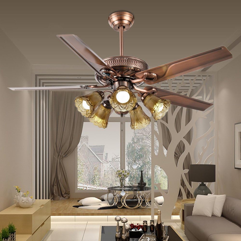 Arctic 52 Inch Red Bronze Led American Rural Iron Retro Ceiling Fan Lights with Remote Control for The Living Room Fan Light (52 Inch, Red Bronze)