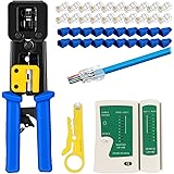 RJ45 Crimp Tool Kit Pass Thru Cat5 Cat5e Cat6 RJ45 Crimping Tool with 20PCS RJ45 Cat6 Pass Through Connectors, 20PCS Covers,1
