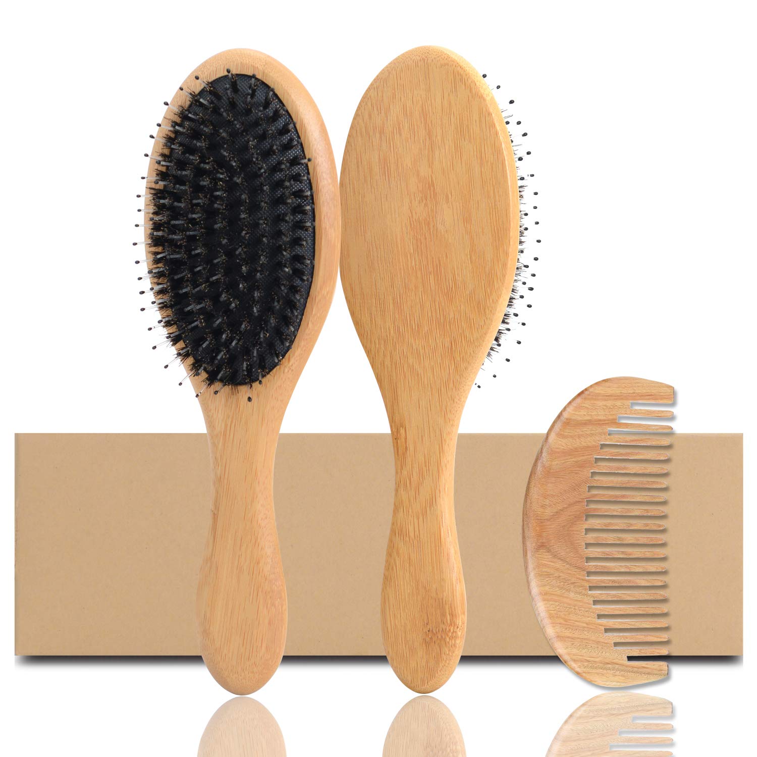 Boar Bristle Hair Brush and Wooden Hair Comb Set, Natural Bamboo Wooden