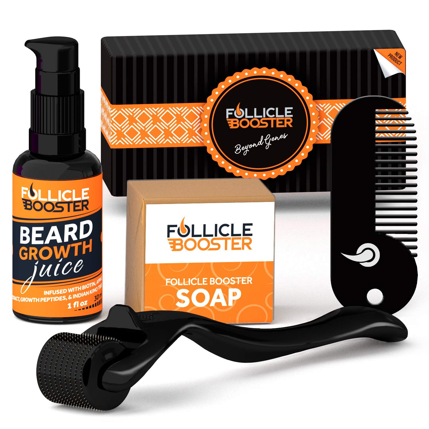 Beard Growth Kit by FolliceBooster - Beard Growth Oil Serum with Titanium Derma Roller for Beard BONUS Vitamins Cleansing Soap, Beard Grooming Pocket Comb, and Beard Growth Course, Best Gift For Men