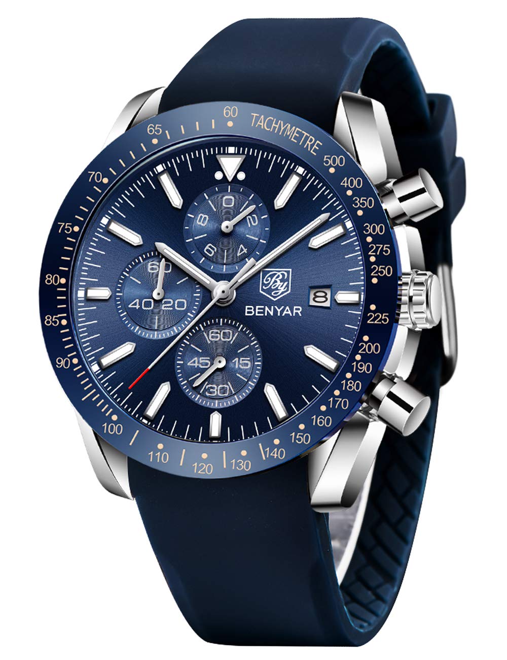 BENYAR Men's Watches Chronograph Quartz Movement Elegant Sports Watch Fashion Business Watches 30M Waterproof and Scratch Resistant Men's Gift(Rubber Silver Blue)