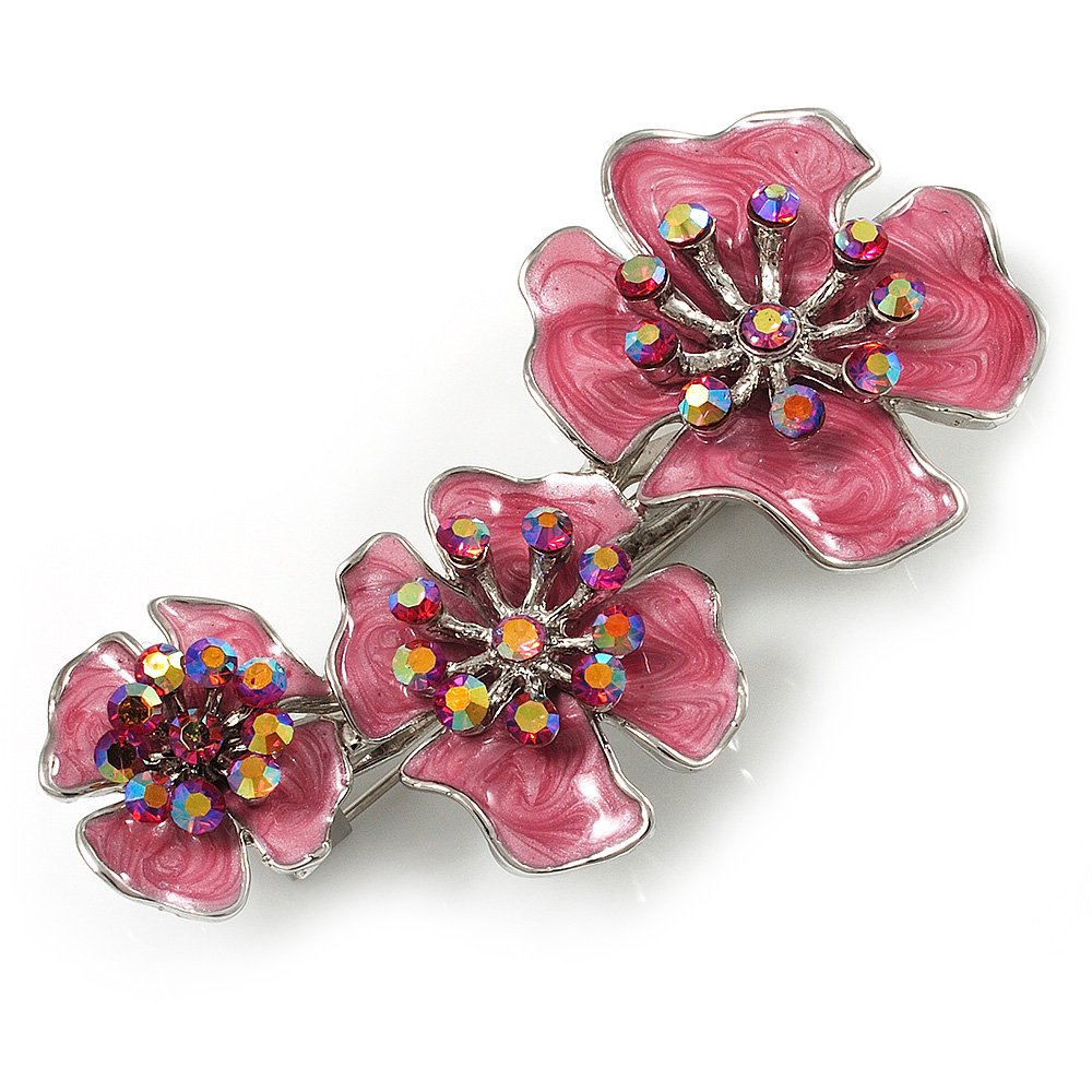 Pink Enamel Diamante Flower Brooch (Silver Tone)