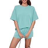 AXOSY Women 2 Piece Outfits Short Sleeve Top and Shorts Tracksuits Summer Lounge Pajama Sets
