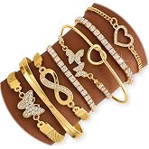 KISS WIFE Gold Bracelets for Women, 8-Piece 14K Gold Plated Stackable Set | Warm yellow-gold tone with cuff, tennis and chain styles, plus heart, butterfly and infinity details for layered looks