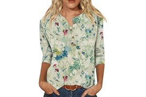 AMOBER Women's 2024 Summer Henley V Neck Button Up Tunic Ladies Loose Fit Tops Flowy 3/4 Sleeve Basic Blouse Tops