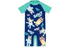 Bluey Boys Swimsuit | Childrens All in One Swimming Costume Surf Suit | Blue & Green Bingo Dog Sunglasses Swimwear Bodysuit