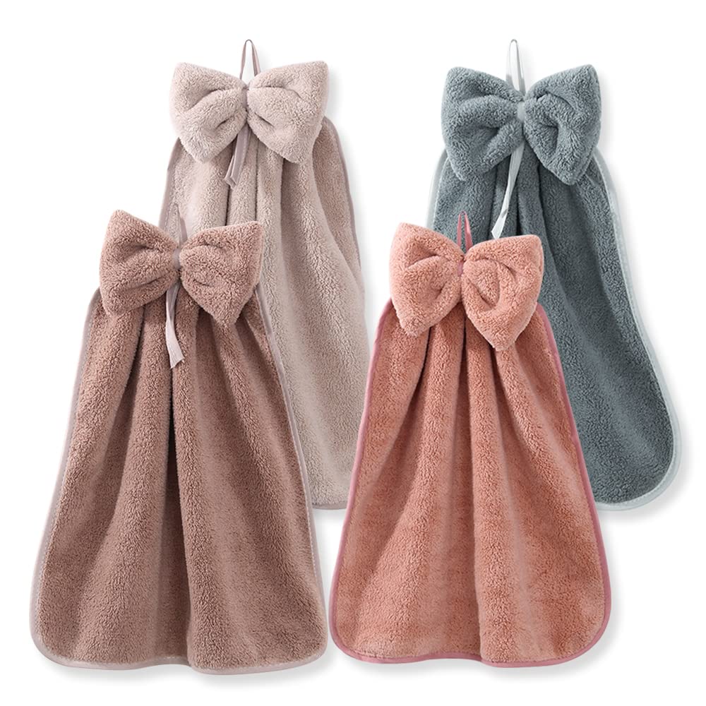 BOJVESH 4Pcs Bowknot Hanging Hand Dry Towels, Microfiber Coral Velvet Hand Towels Hanging Loop, Absorbent Quick Dry Cute Hands Towels for Kitchen Bathroom Kids Adults