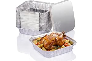 HOMEE Aluminum Pans Disposable with Lid 50 Pack,8 x 8 Square Disposable Aluminum Foil Pans Stackable Heat Resistant,Disposabl