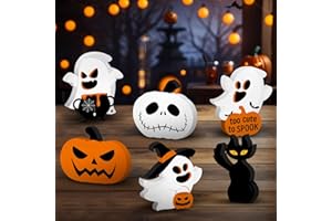 M AMFEOV 6pc Cute Ghost Halloween Decorations Indoor, Wooden Halloween Table Decorations Set of 6, Black Cat Bat Signs Pumpkin Blocks for Party Home Shelf Display