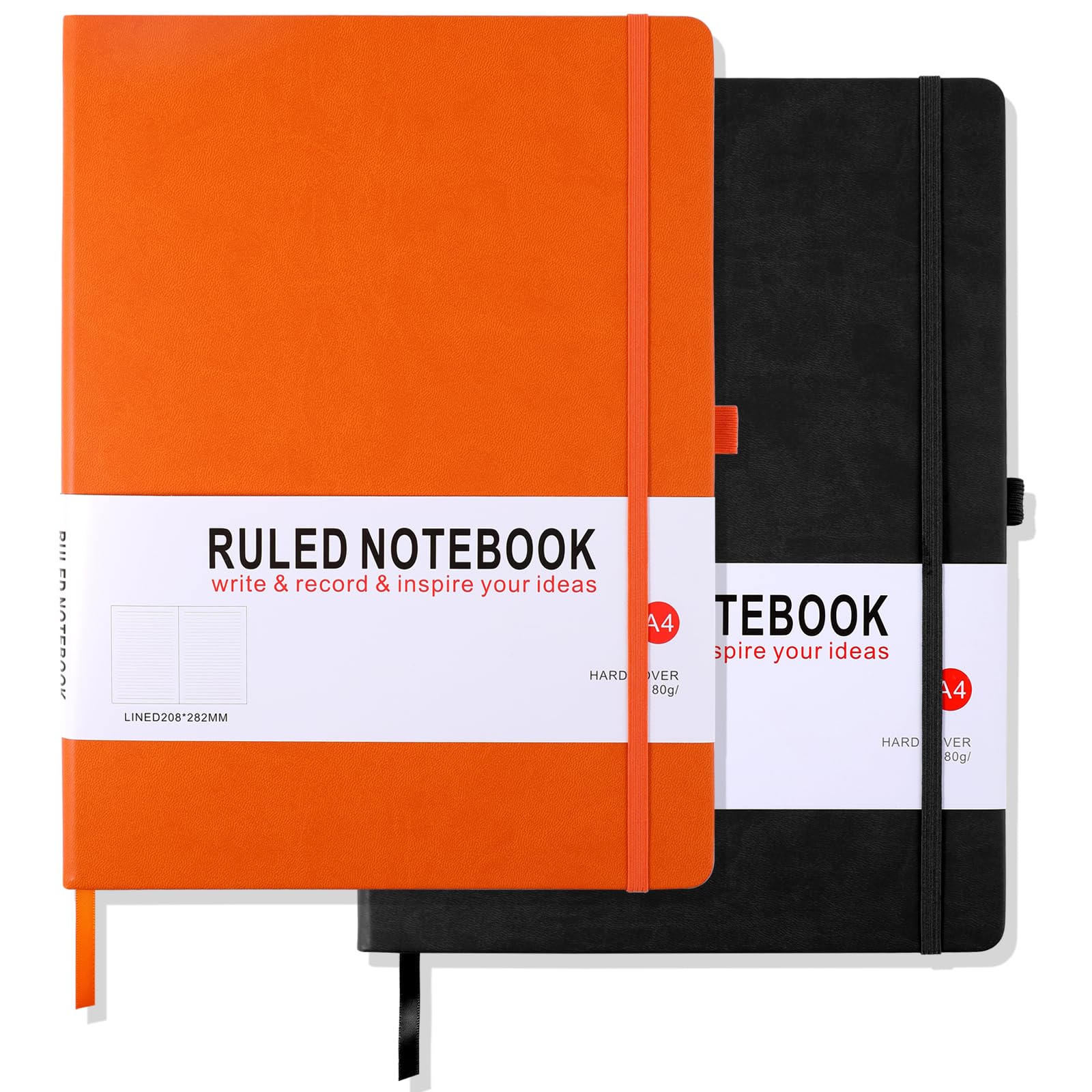 HIJYOO 2 Pack Notebook A4 Ruled Journal Notebook Hardcover Notepad with Bookmark Composition Notebooks, Pen Loop, and Elastic Closure, 8.3" X 11.35"，(Black+Orange)