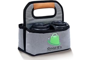GOOD E'S Good E’s 4 Cup Reusable Coffee Cup Carrier for Delivery, Insulated, Waterproof, Portable Tote Bag Drink Holder with Leather Handle Organizer for Cold/Hot Beverages (16oz to 24oz)