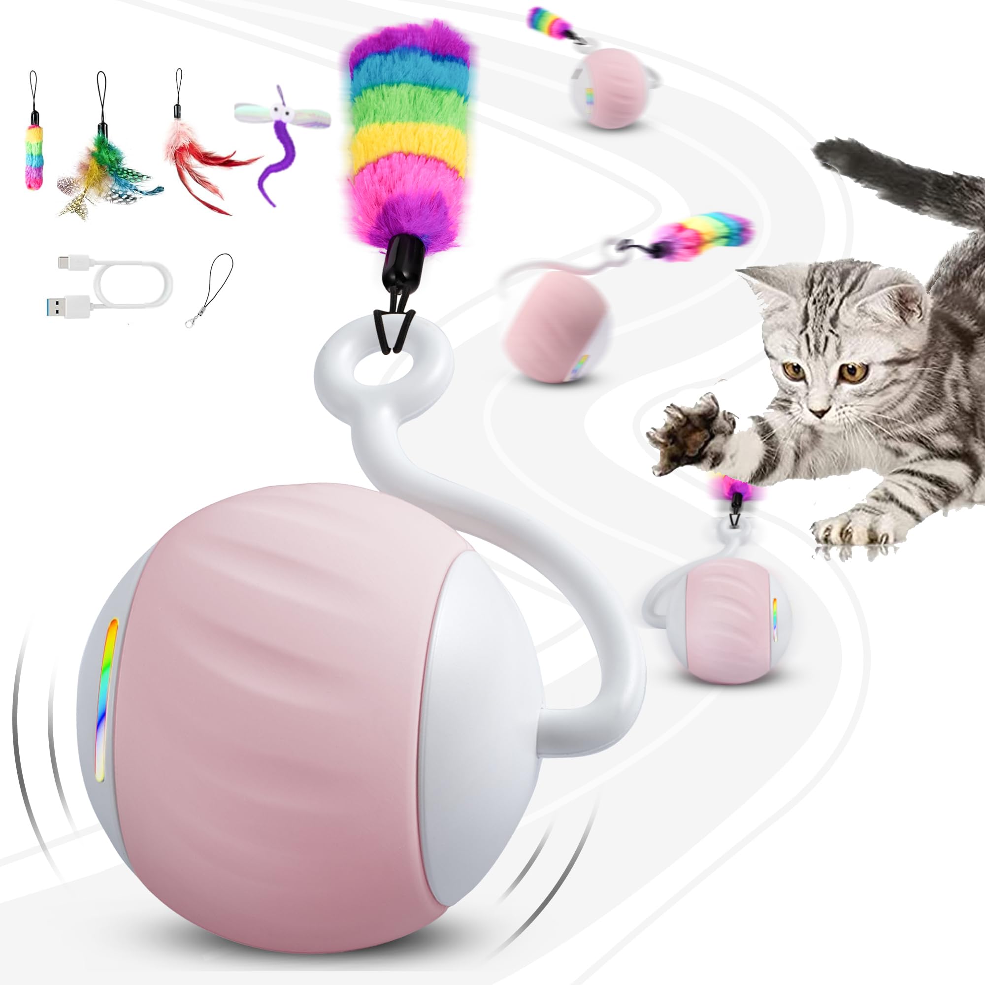 haheita Interactive Cat Ball Toy for Bored Indoor Pet, Automatic Moving Cat Ball with 4 Feather & LED Flash Lights, Smart Sound and Touch Control, USB-C Rechargeable