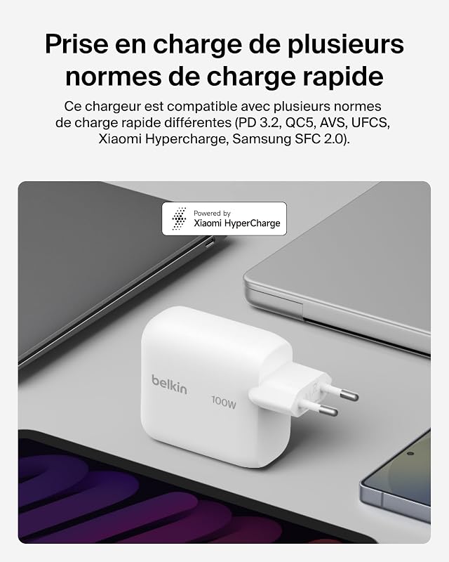 BoostCharge Chargeur Secteur USB-C, Recharge Rapide GaN 100 W, Pour iPhone 17, Samsung Galaxy S26, Pixel 10, AirPods, Tablette, MacBook, Câble USB-C 1,5 m Inclus, Indispensable De Voyage, Blanc