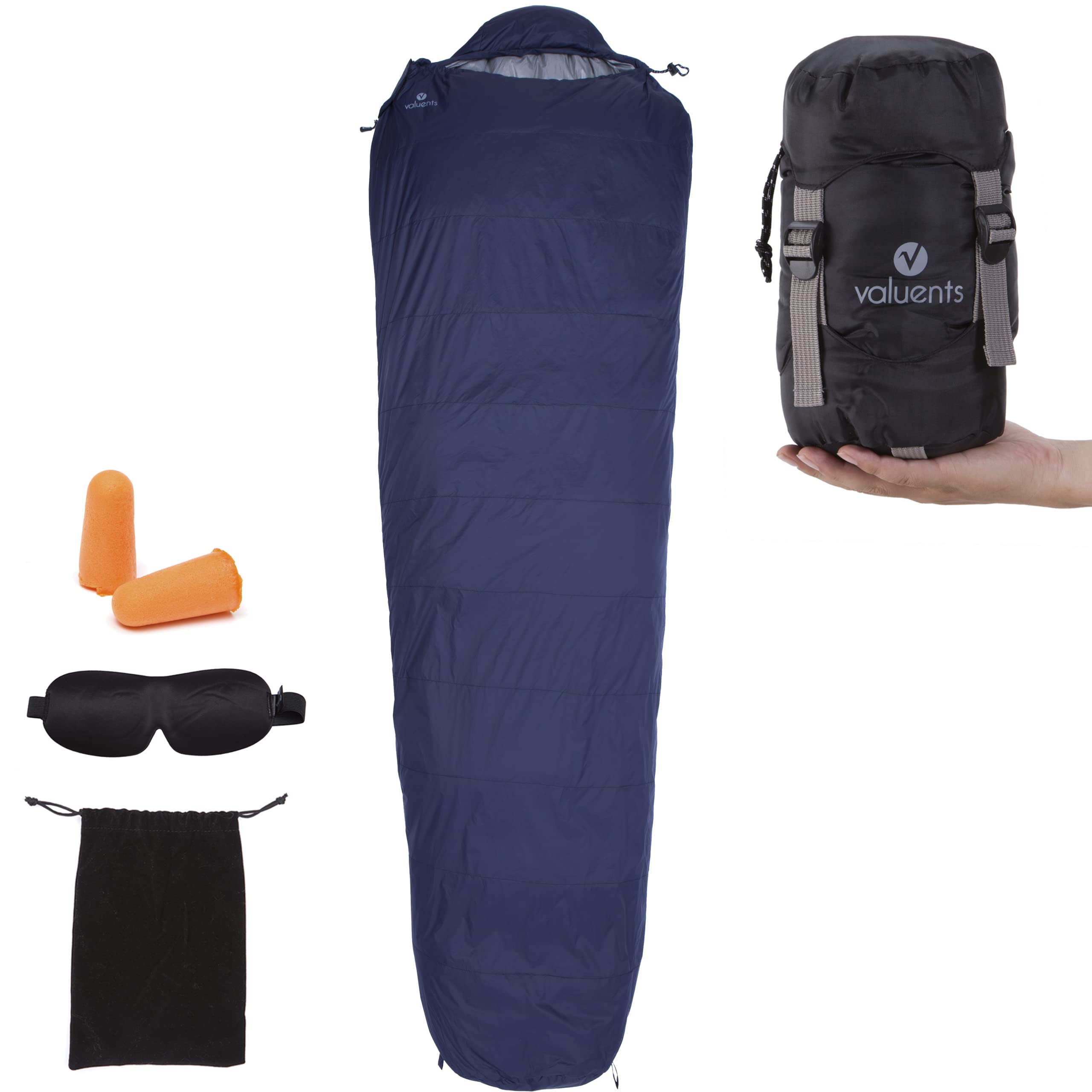 valuents Ultralight Down Sleeping Bag, 1 Person, Mummy Shape, All Seasons, Comfort Temperature Rating, 190g Down, Synthetic Outer Material, Includes Sleeping Mask & Earplugs