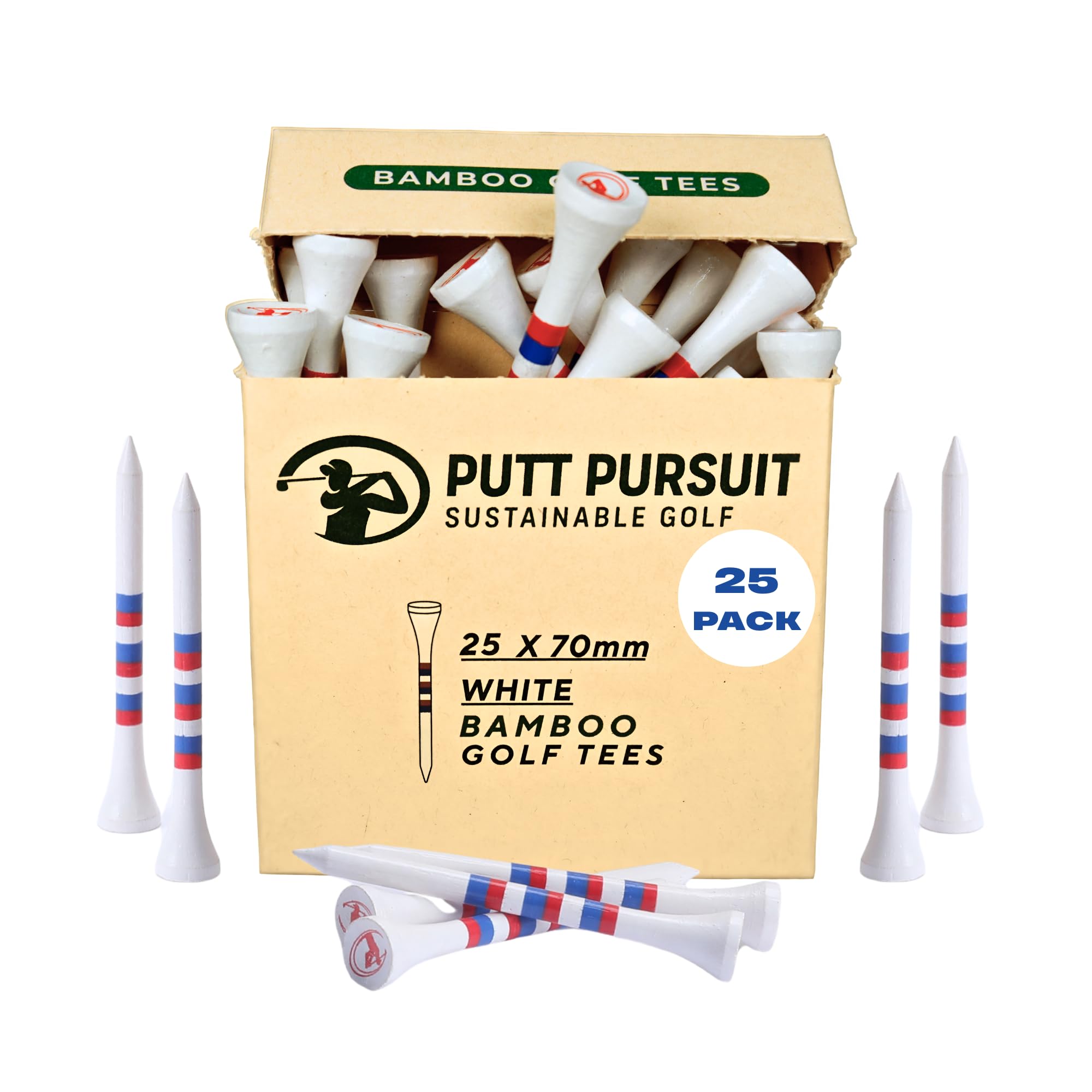 Golf Tees - 7cm/ 70mm Bamboo Golf Tee - Biodegradable Golf Tees Wooden - Strong & Sustainable Bamboo Tees - Golf Gifts for Men - Golf accessories for men - Tee in Multiple Colours in 50 & 25 Packs