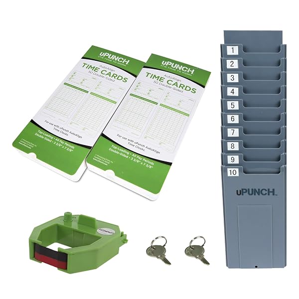 UPUNCH HN1500 STARTER TIME CLOCK BUNDLE FOR SMALL BUSINESS: EMPLOYEE PUNCH CLOCK SYSTEM WITH 100 TIME CARDS, CARD RACK, AND RIBBON
