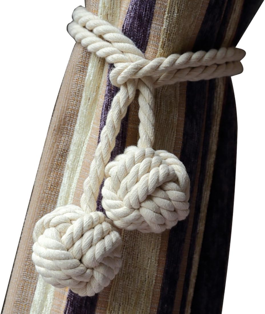 AoDao Curtain Holdbacks Hand Knot Braided Drapery Tiebacks with Double Ball Handmade Cotton Cord Rope Tassel 2pcs-Beige