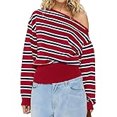Cioatin Women One Off Shoulder Striped Crop Sweater Asymmetric Long Sleeve Loose Pullover Y2K Cute Knitwear Tops Fall Outfits