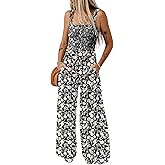 Dokotoo Women's Casual Loose Overalls Jumpsuits One Piece Sleeveless Printed Wide Leg Long Pant Rompers With Pockets
