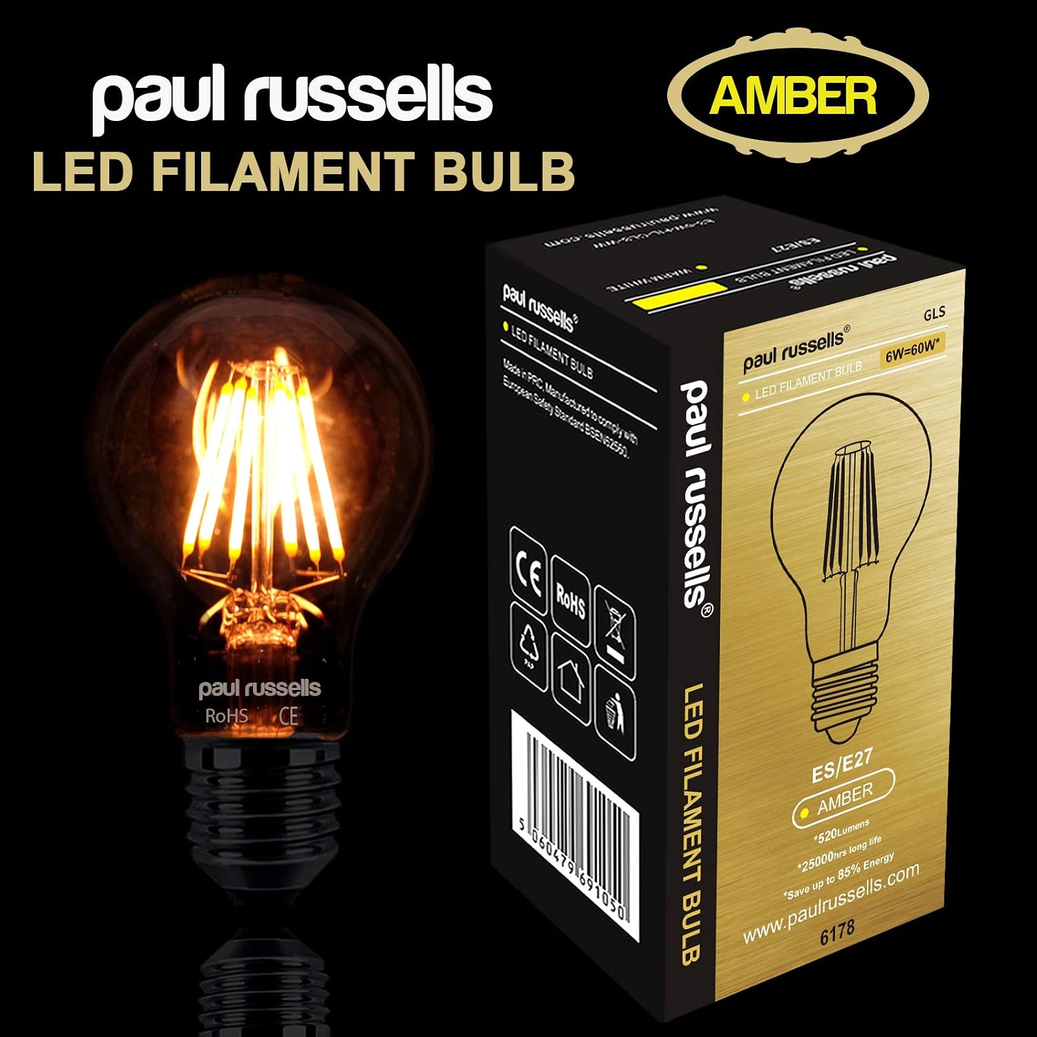 paul russells E27 Edison Screw LED Filament, 7Watt 50W Equivalent 680LM Lumens 2200K ES Standard GLS A60 - Image 3