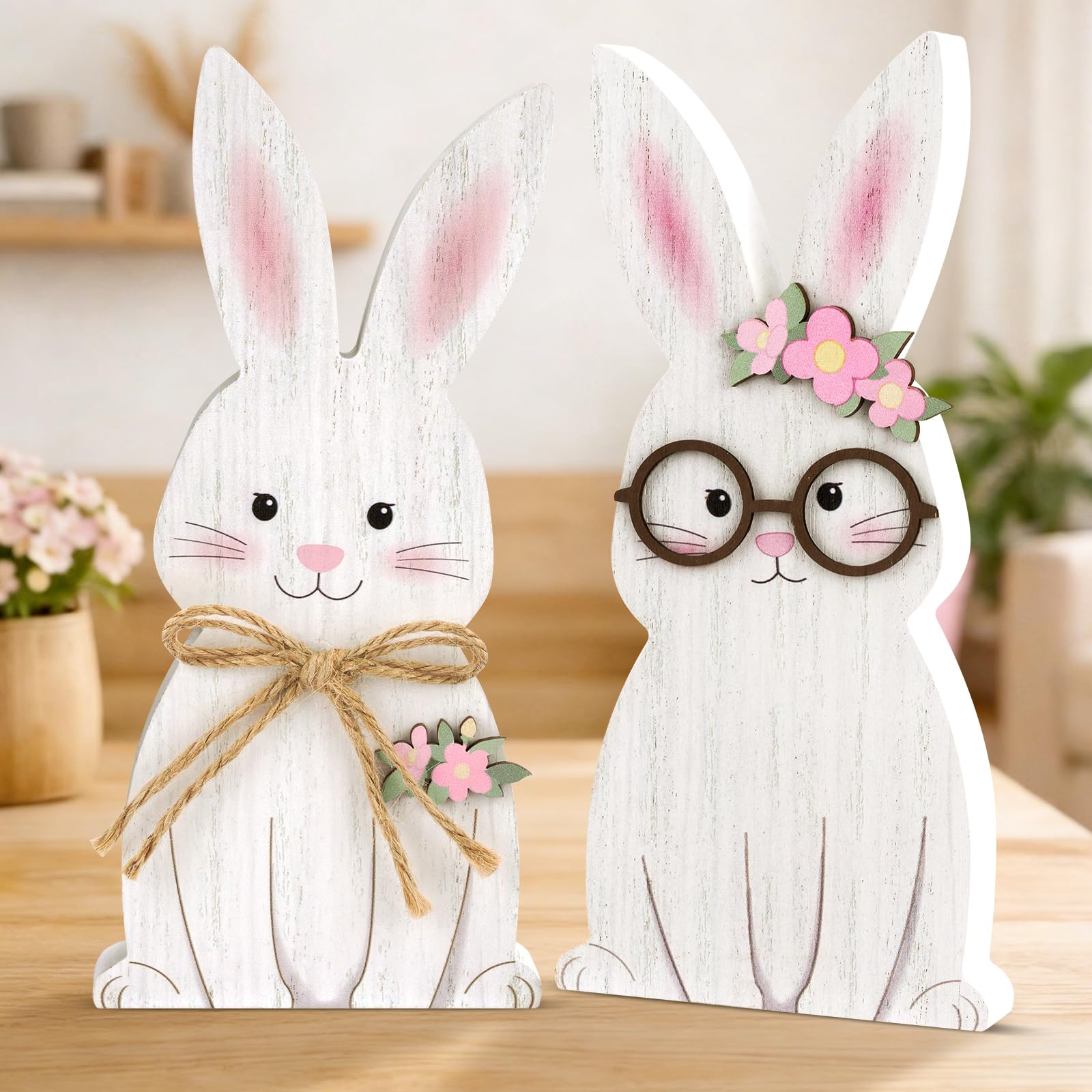 Hekocap Easter Decorations for Home, 2Pcs Wooden Bunny Decor with Glasses & Flowers, Rustic Easter Centerpieces for Tables, Desk, Easter Mantel Decor for Home & Office
