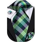 Hi-Tie Mens Plaid Ties Classic Paisley Necktie with Handkerchief Cufflinks Set Business Stripe Tie