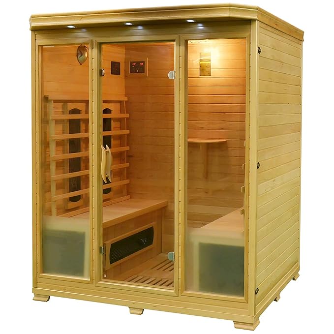 Elbe Infrarotkabine für 4 Personen aus Hemlockholz mit 8 Vollspektrumstrahler, Innensauna mit Farblichttherapie, Ionisator un