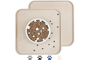 Ptlom 2 Pcs Silicone Pet Placemat for Dogs and Cats, Non-Slip Waterproof Dog Feeding Bowl Mat Prevent Food and Water Overflow, High-Lips Puppy Dish Tray Mat Suitable for Medium Small Pets, Beige