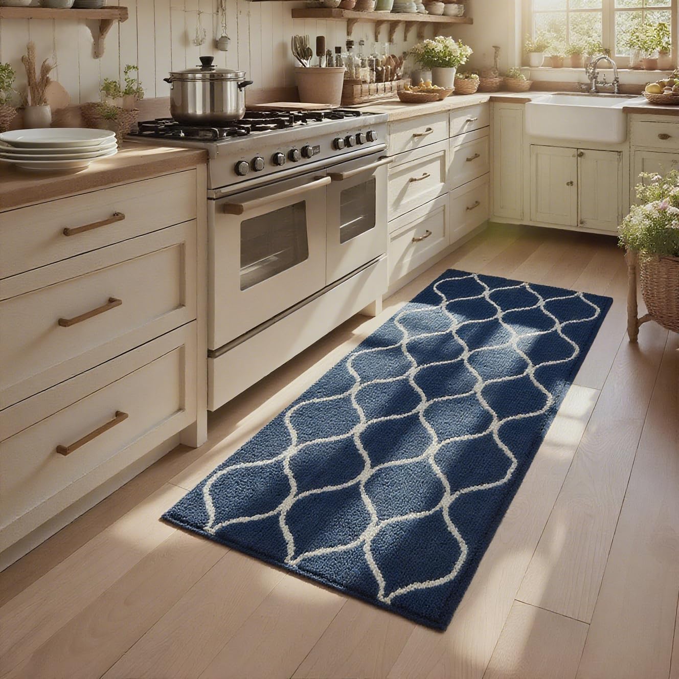 COSY HOMEER Long Kitchen Rug Runner 60 x 120cm, Washable Kitchen Rugs and Mats, Polypropylene Carpet Runner for Kitchen Entryway Hallway Laundry Room, Blue