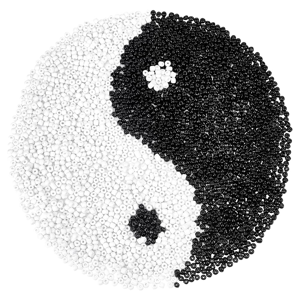 PH PandaHall 2000pcs 6/0 Glass Seed Beads, 4mm Round Loose Beads Mini Spacer Bead Small Craft Waist Bead for Earring Bracelet Necklace Pendants DIY Craft Jewellery Making, White/Black