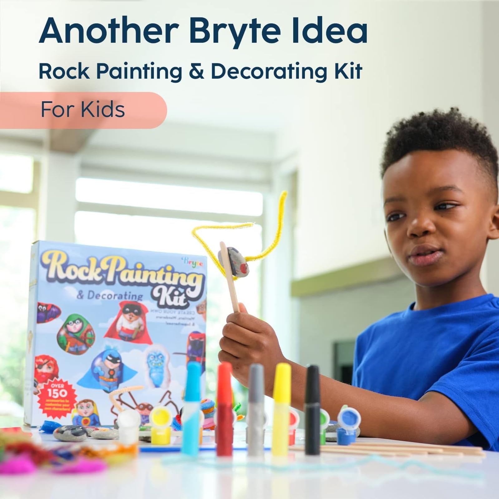 BRYTE 150+ Piece Deluxe Kids Rock Painting Kit, 10 Rocks with Waterproof Paints, Glue & Accessories, DIY Arts and Crafts STEM Activities for Age 6-12 Years, Warrior & Monster