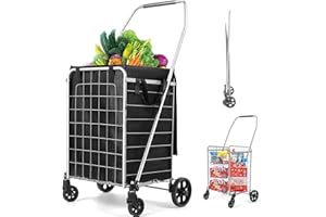 REALIFE Folding Shopping Cart with Waterproof Liner, Heavy Duty Collapsible Utility Cart with Wheels for Storage, Laundry, Luggage, Compact Durable Portable Foldable Grocery Cart Large Capacity 120lbs, Silver