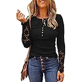 Limerose Women's Long Sleeve Lace Trim Tunic Tops Button Down Casual Blouse Cute Crew Neck Ribbed Shirt
