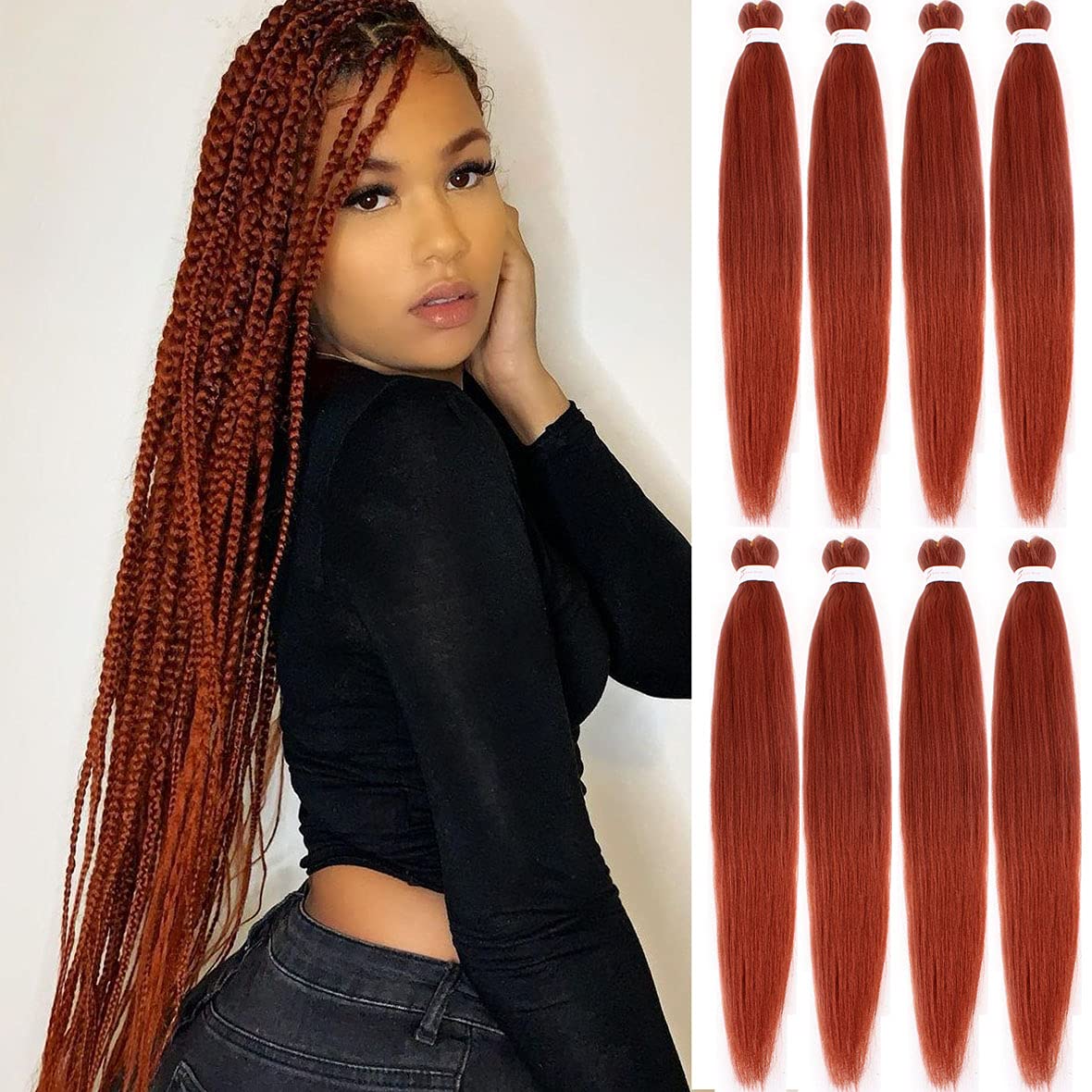 Leeven 8 Packs Copper Red Pre Stretched Braiding Hair 26'' Yaki Straight Texture EZ Braiding Crochet Braids for Box Braids Dark Ginger Pre-stretched Braiding Hair Extensions /26 Inch 350#