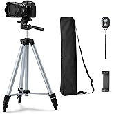 Amazon Basics Trípode ligero de 50 pulgadas para cámara y teléfono con bolsa de viaje, control remoto, altura ajustable, rota