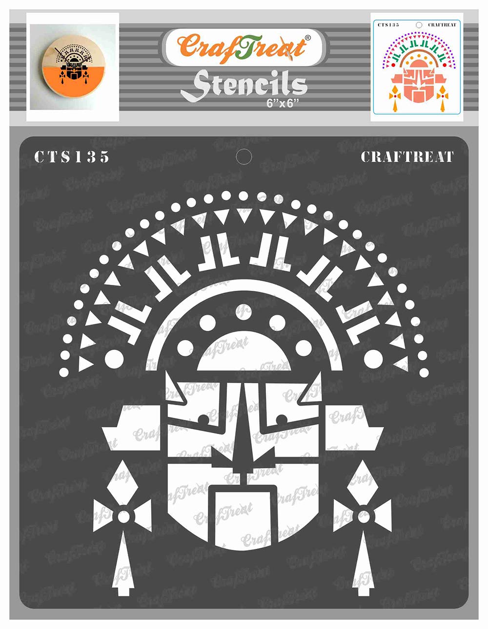 CrafTreat Reusable African Tribal Stencils for Crafts Vintage - Tribal Mask - Size: 6X6 Inches - Tribal Pattern Stencil for Furniture Painting - African Stencils for Painting on Concrete