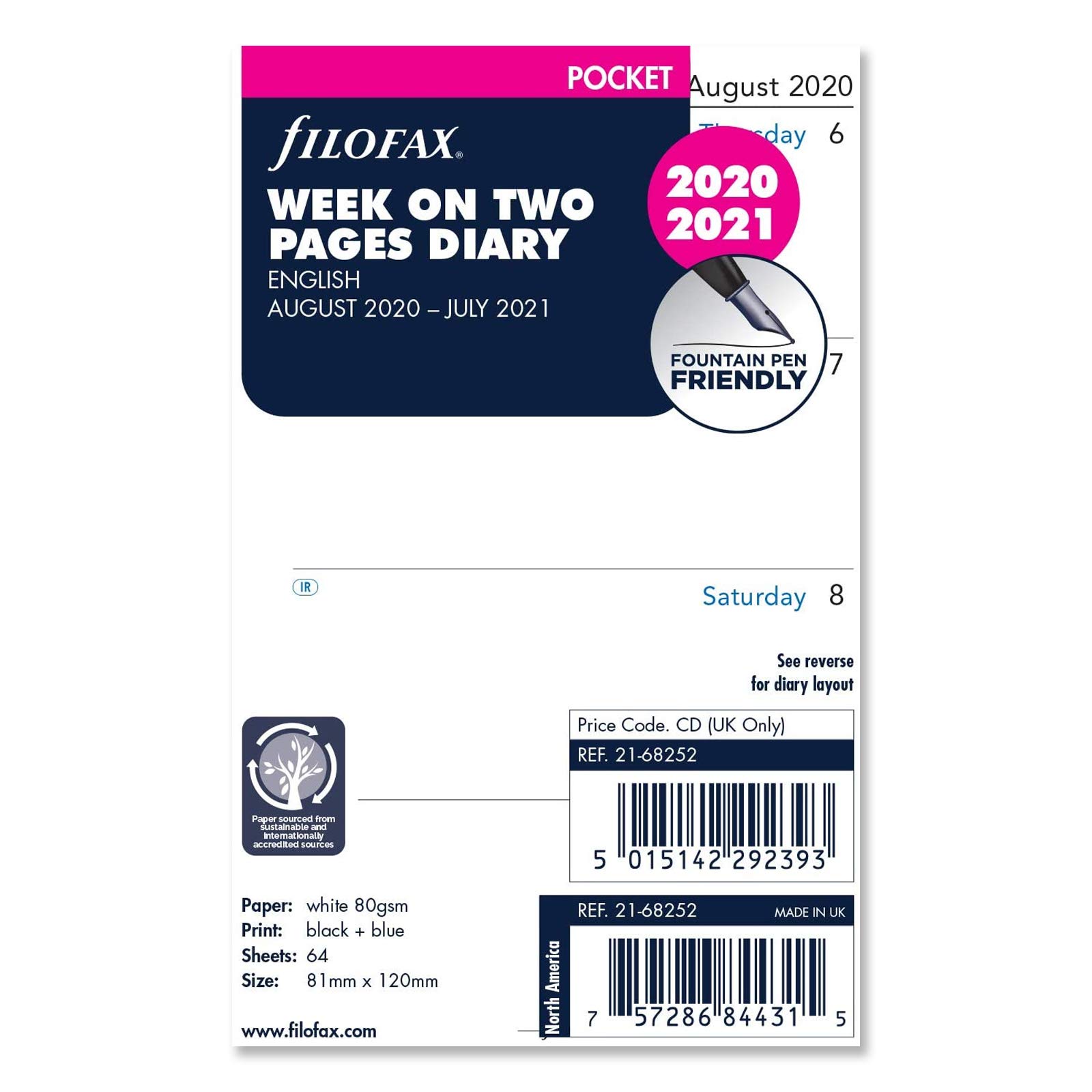 Filofax Pocket Week on Two Pages English mid Year Diary August 20 - July 21