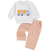 Arvbitana Toddler Baby Boy Halloween Pumpkin Smocked Outfit Long Sleeve Embroidery Sweatshirt Gingham Pants Two Piece Clothes