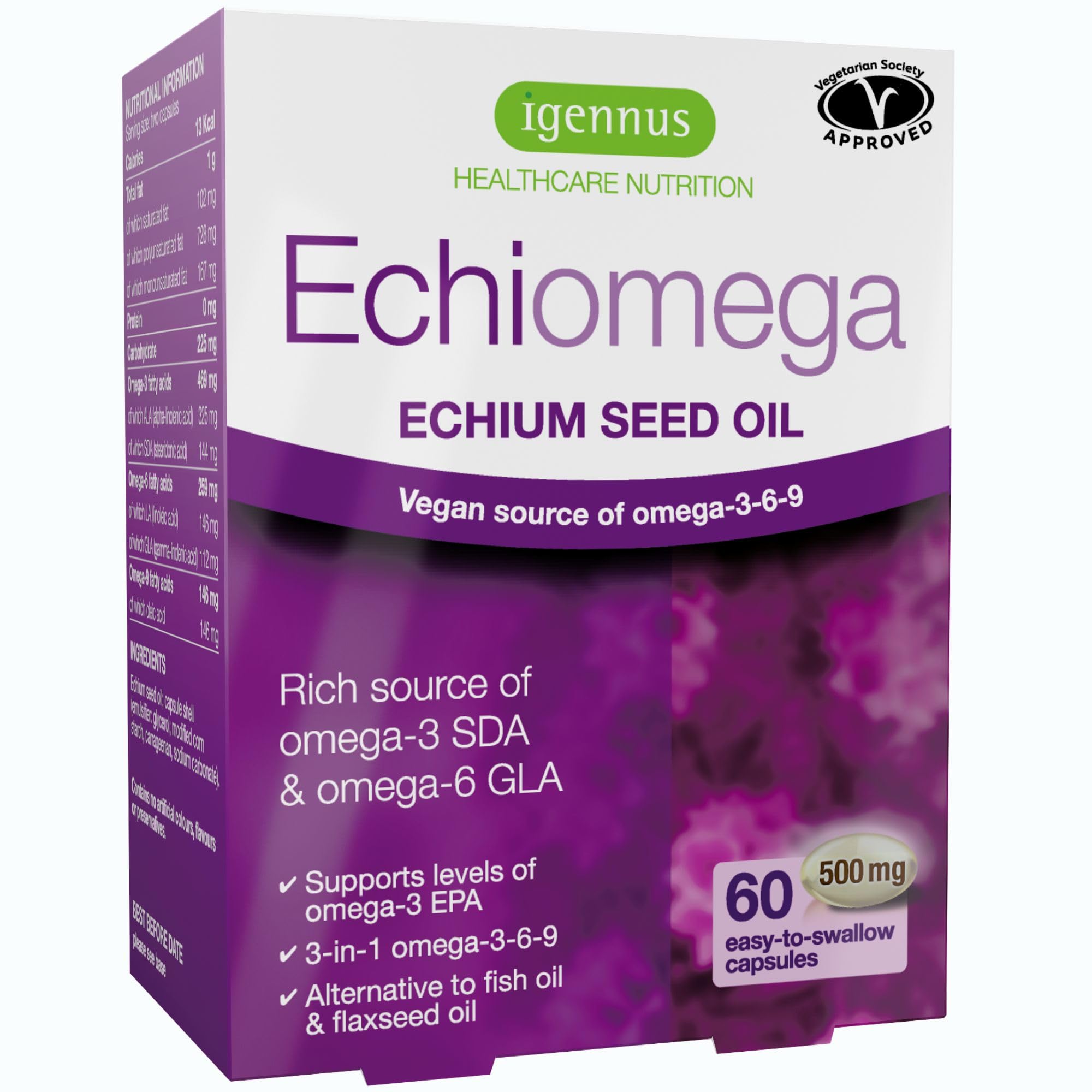 Igennus Echiomega Vegan Omega 3-6-9, Plant Based Echium Seed Oil, Ideal 2:1 Ratio Omega-3 to Omega-6 GLA, Women’s Health, 60 Small Softgels