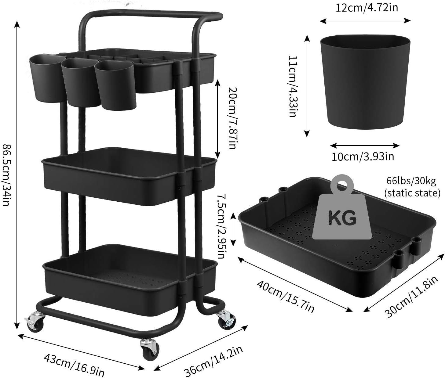 alvorog 3-Tier Rolling Utility Cart Movable Storage Organizer Shelves with Wheels and Hanging Cups Multifunctional Service Cart for Kitchen, Office, Coffee Bar-Black: Home & Kitchen