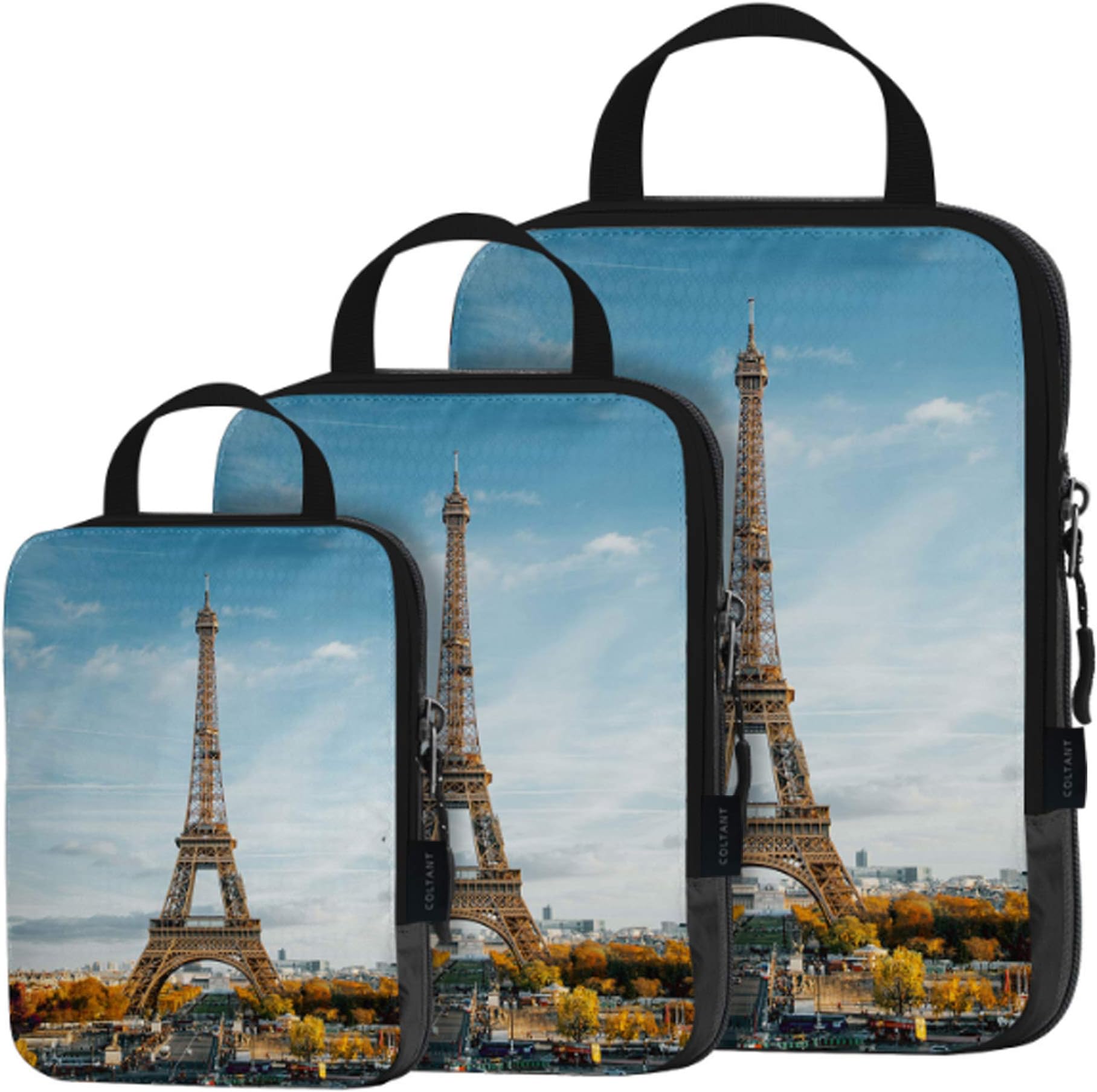 3 Set Compression Packing Cubes Travel Luggage-Organizer Set Packs More in Less Space (Eiffel Tower)