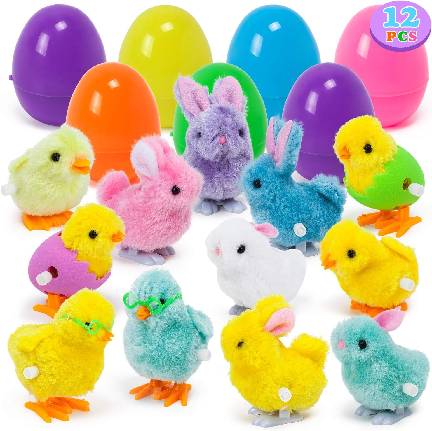 YIHONG 12 Pack Easter Eggs Filled with Wind-up Bunnies and Chicks,3.8inch Large Surprise Eggs Prefilled Toys for Easter Eggs Hunt, Easter Basket Stuffers, Easter Party Favors