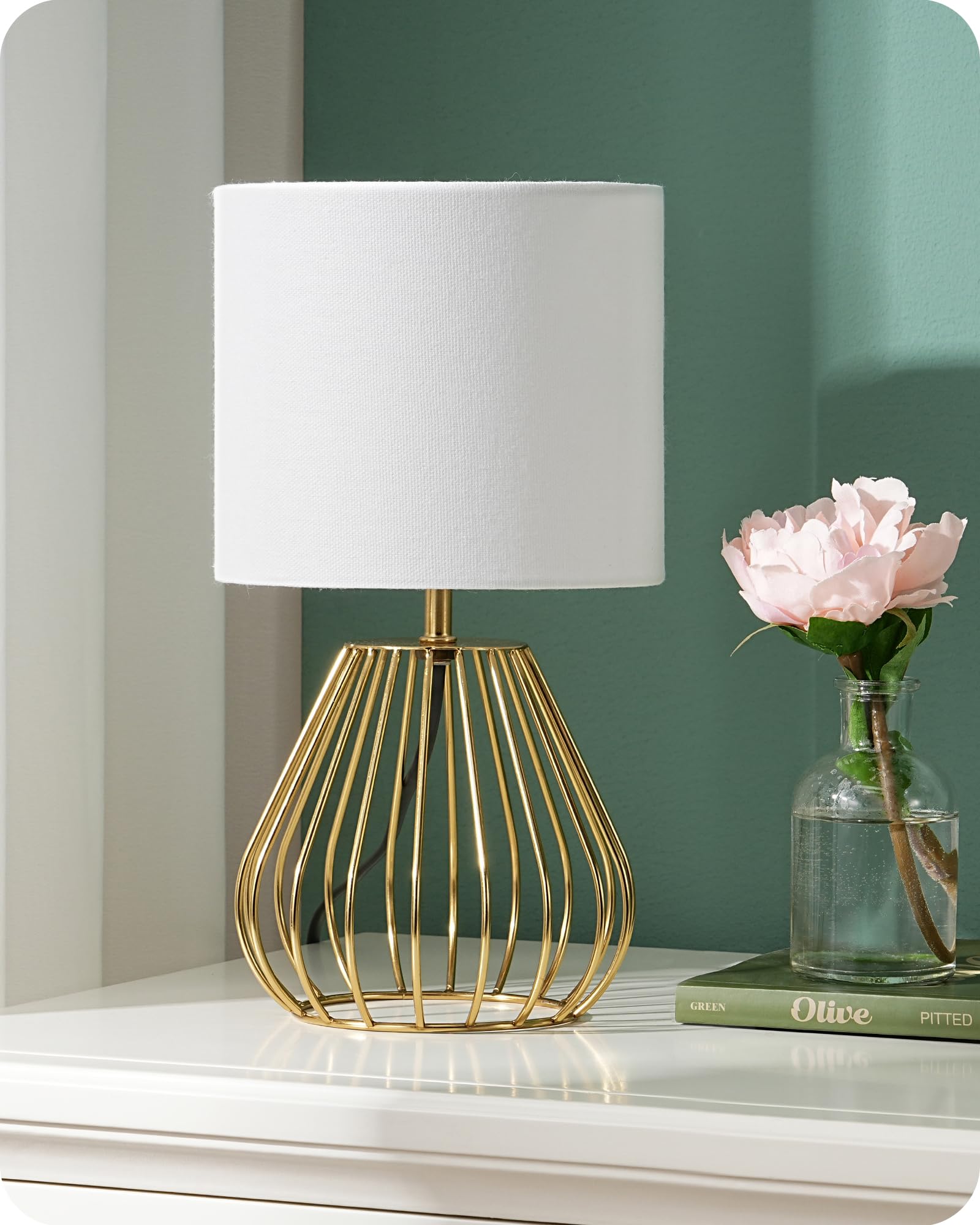 EDISHINE Bedside Lamp, Table Lamp with Metal Cage Base & Linen Lampshade, Modern Lamps for Living Room Bedroom, E14 Socket (Bulb Included), Teardrop Cage, Gold — image 1