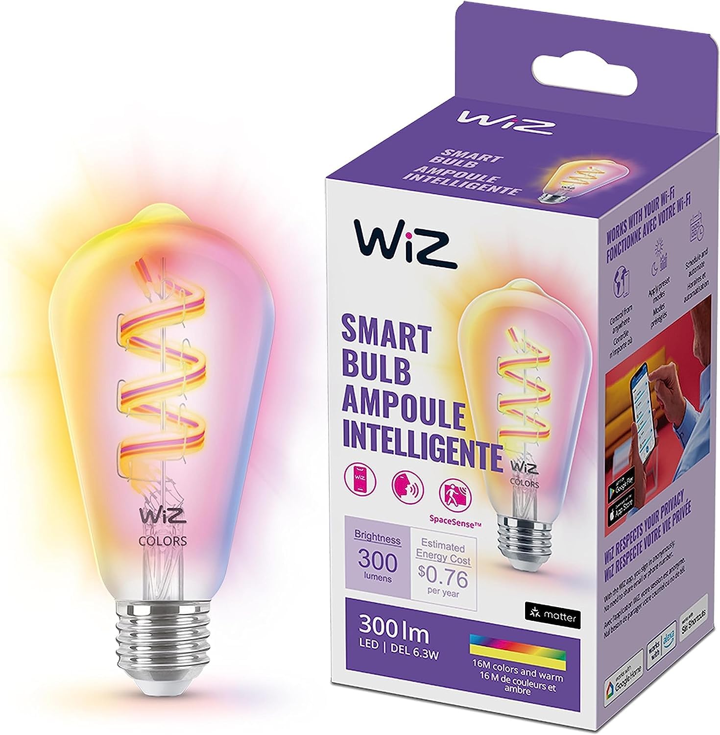 Photo 1 of WiZ Color ST19 Color Filament LED Smart Bulb - Pack of 1-300 Lumen - E26 Indoor - Connects to Your Existing Wi-Fi - Control with Voice or App + Activate with Motion - Matter Compatible