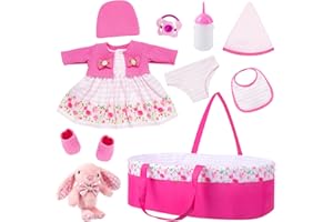 ECORE FUN 10 Pcs Baby Doll Clothes with Bassinet for 17-22 inch Baby Doll, Baby Doll Reborn Outfit Clothes Accessories Including Bib Nursing Bottle Rubber Pacifier Hat with Peony Pattern