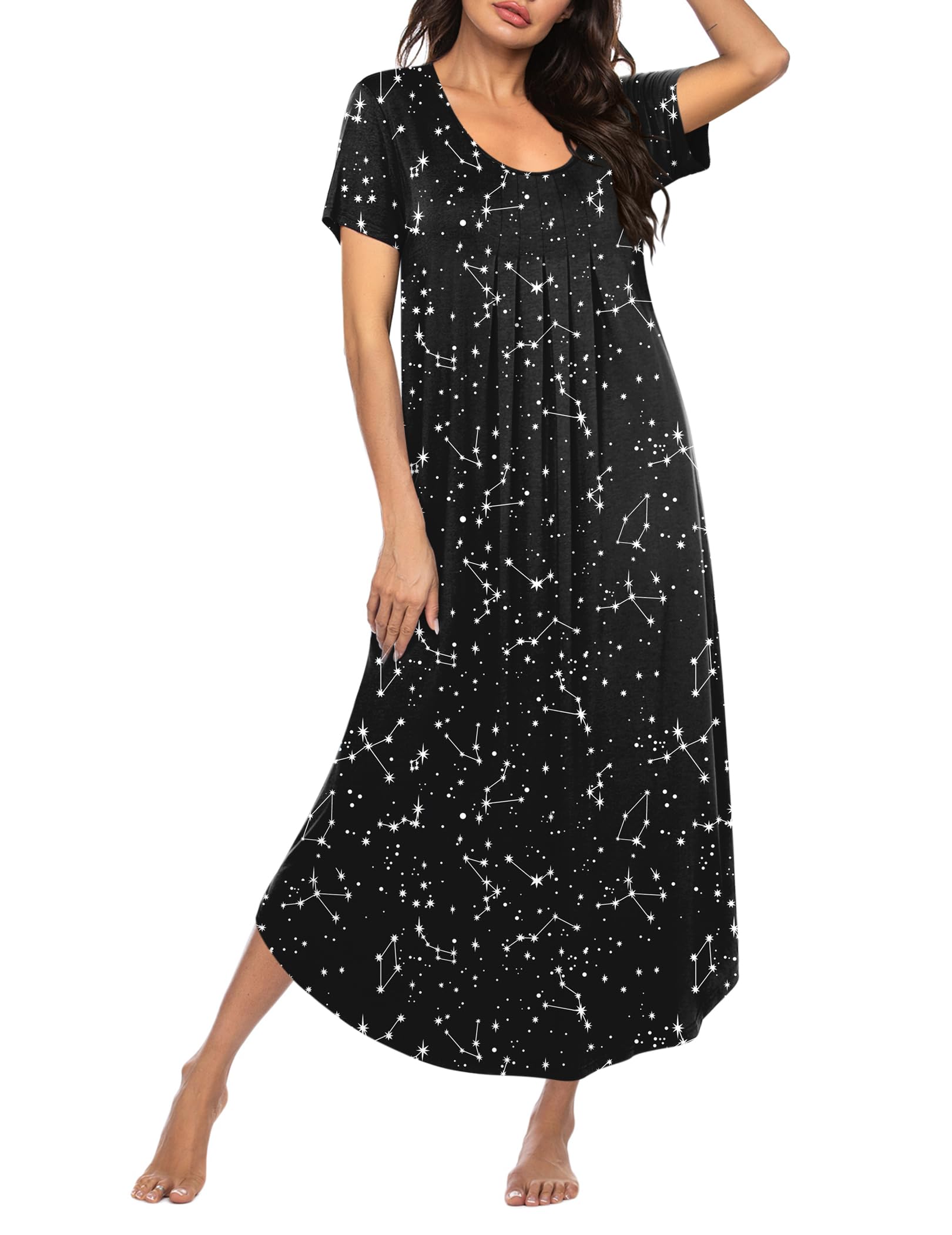Photo 1 of *Arms different than picture/ really short sleeve* Ekouaer Long Nightgowns for Women Soft House Dress Pleated Front Nightshirt Full Length Loungwear Black Star 4XL